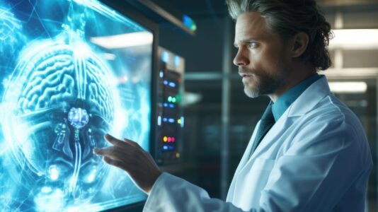 zdravnik preverja sliko možganov s pomočjo umetne inteligence.