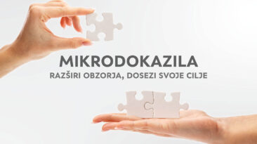 dve roki z belima koščkoma sestavljanke in napis: "Mikrodokazila - razširi obzorja, dosezi svoje cilje"