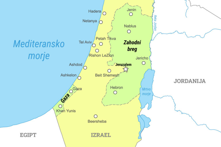 Izsek zemljevida Izraela, Gaze in Zahodnega brega z državami, ki mejijo nanje.