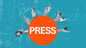 grafični koncept: krog z napisom press iz njega gledajo roke, ki držijo kamero, mikrofon, mikroskop, grafikon, virus, injekcijo