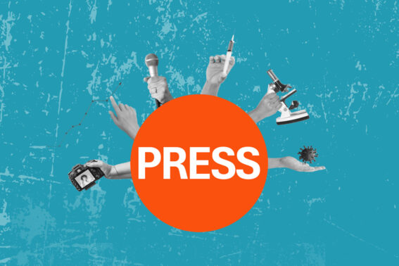 grafični koncept: krog z napisom press iz njega gledajo roke, ki držijo kamero, mikrofon, mikroskop, grafikon, virus, injekcijo