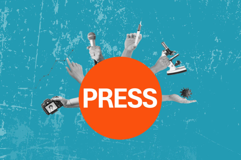 grafični koncept: krog z napisom press iz njega gledajo roke, ki držijo kamero, mikrofon, mikroskop, grafikon, virus, injekcijo