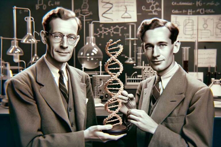 Watson in Crick s strukturo DNK. Slika je bila ustvarjena z uporabo orodja DALL-E, ki ga je razvilo podjetje OpenAI.