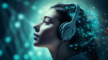 Futuristična podoba ženske s slušalkami in elektronskimi signali okrog glave, ustvarjeno z Midjourney 5.2