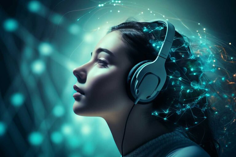Futuristična podoba ženske s slušalkami in elektronskimi signali okrog glave, ustvarjeno z Midjourney 5.2
