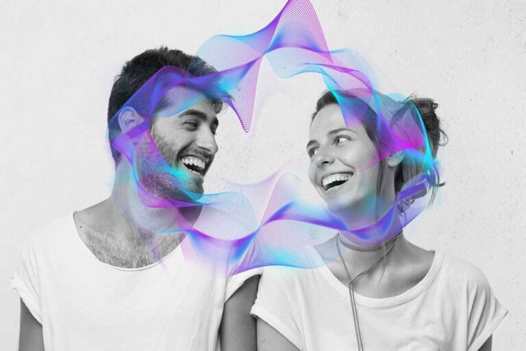 Prozodija - koncept: moški in ženska v komunikaciji z oblačkom