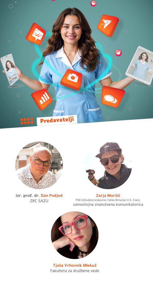 grafična oprema: medicinska sestra z digitalnimi ikonami in napravami ter fotke predavateljev