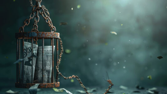 Konceptualen prikaz: časopis v rjasti kletki v temnem, morečem okolju