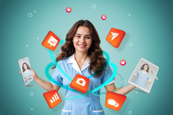 grafična oprema: medicinska sestra z digitalnimi ikonami in napravami