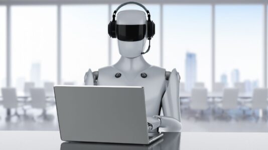 Na sliki je prikazan humanoidni robot, ki sedi za pisalno mizo in uporablja prenosni računalnik.