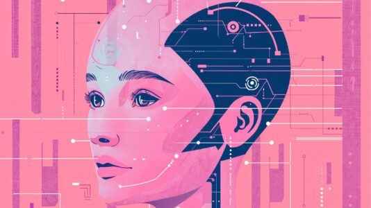 Ženska, ki je hkrati na pol robot, narisana v digitalnem modernem slogu in v odtenkih roza barve.