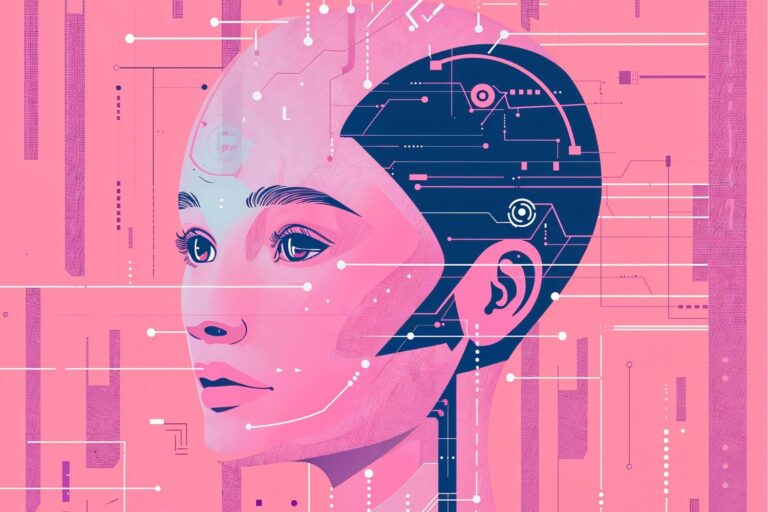 Ženska, ki je hkrati na pol robot, narisana v digitalnem modernem slogu in v odtenkih roza barve.