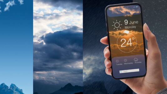 Slika prikazuje vremensko napoved na mobilnem telefonu, kjer je prikazan sončen dan s temperaturo 24 °C, ob ozadju prehajanja vremena od sončnega do oblačnega in deževnega neba.