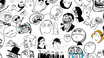 Prikaz številnih obrazov, znanih z memov: Me gusta, Trollface, Cereal Guy, Staredad, Mother of God, Derpina, "Y U NO" Guy idr.