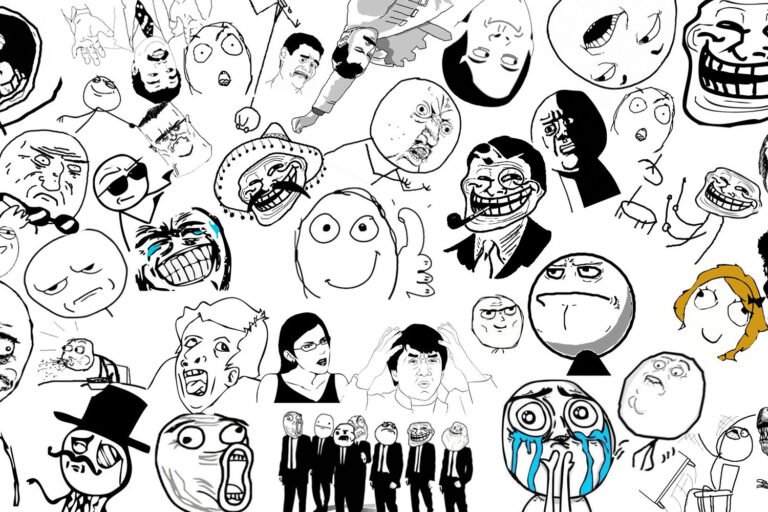 Prikaz številnih obrazov, znanih z memov: Me gusta, Trollface, Cereal Guy, Staredad, Mother of God, Derpina, "Y U NO" Guy idr.